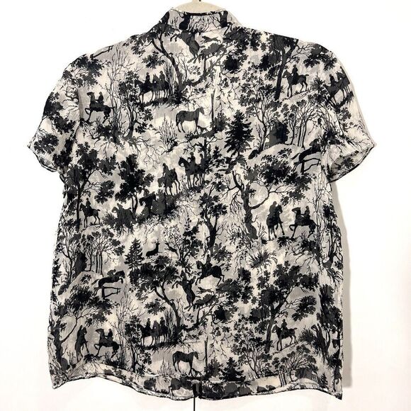 Anne Klein Silk Blouse Size S Tie Front Short Sleeve Forest Fairy Equestrian - Picture 2 of 6